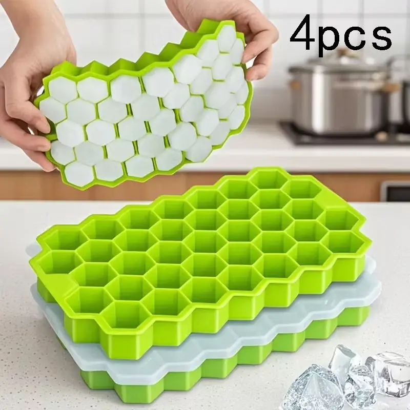 37-Cell Honeycomb Silicone Ice Cube Tray with Leak-Proof Dust Cover, Bendable Hexagonal Ice Mold, Stackable Food Grade, Ideal for Drinks