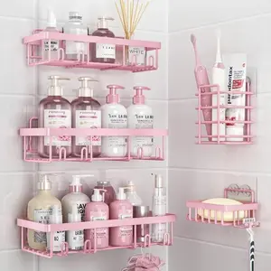 Cute Bathroom Set 5-Pack Pink Storage Organization, 2026 Rust-Proof Waterproof No-Drilling Wall-Mounted Shower Organizer Storage, Large-Capacity Minimalist Rack with Toothbrush & Soap Holder, Apartment Accessory,bathroom organizer