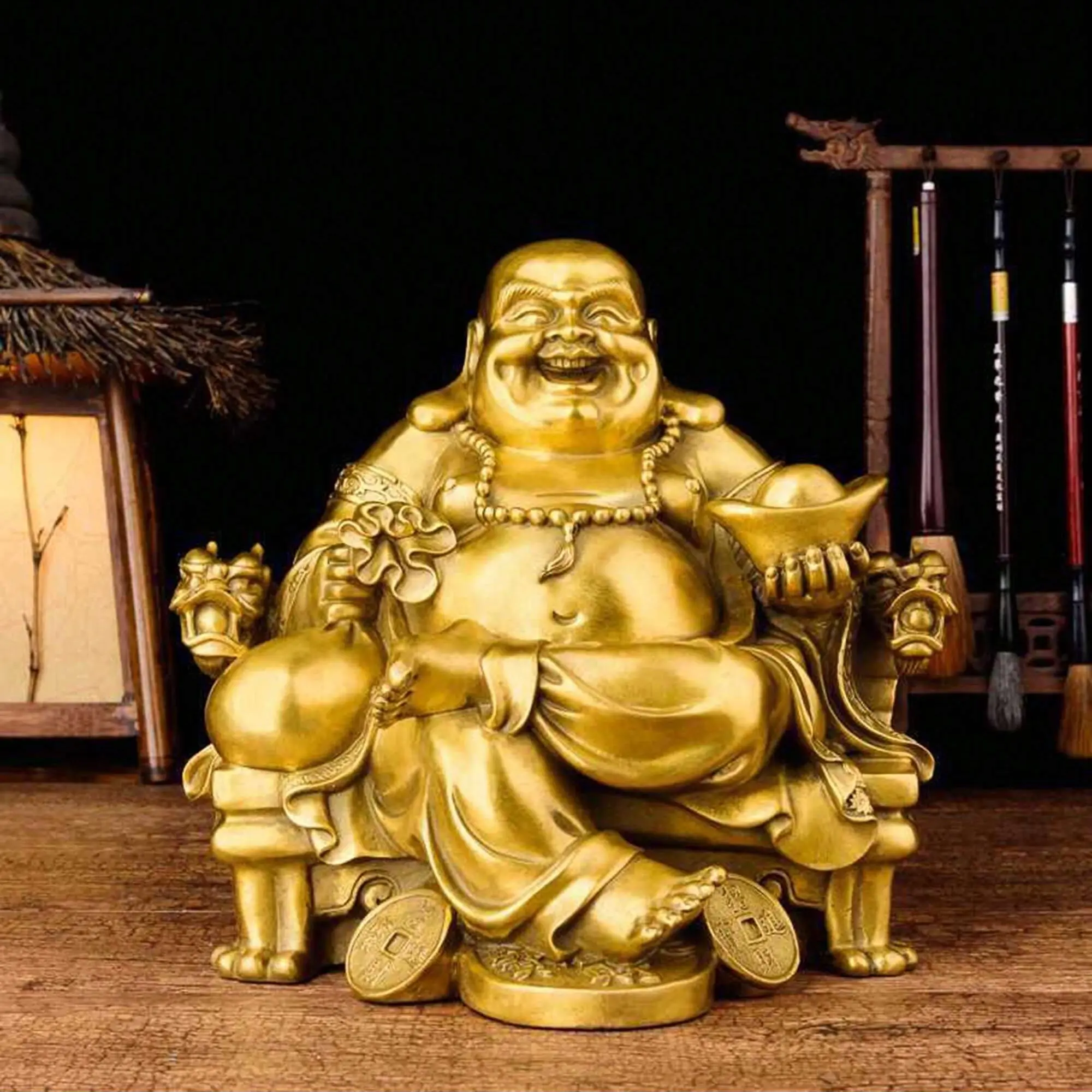 Resin Buddha Statue, Symbolizing Good Luck and Happiness, Laughing Buddha on Imperial Dragon Throne, Home Decor, Gift for Holidays