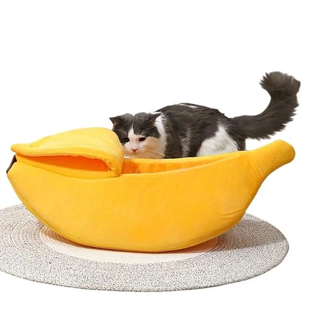 Cute Banana Cat Bed Dog Bed House, Universal Pet Bed for All Seasons Soft and Warm Cat Hug Bed, Suitable for Cats, Kittens, Rabbits, Puppy Beds, Cat Bed Banana Shape Durable Dog Bed Puppy Cushion Basket Warm and Portable, M/L/XL, Pink/Yellow