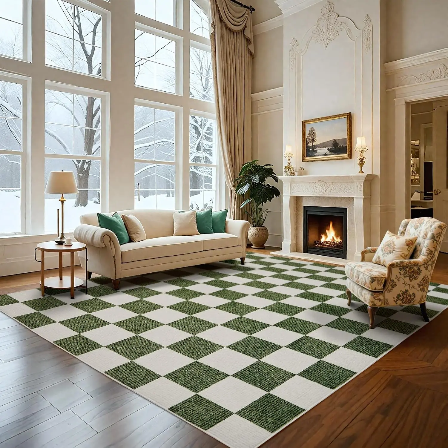 Washable Rug 5x7 Checkered Rug, Green and White Area Rug, Boho Large Rugs for Living Room, Low Pile Lightweight Indoor Carpet with Non-Slip Backing for Bedroom Classroom Playroom