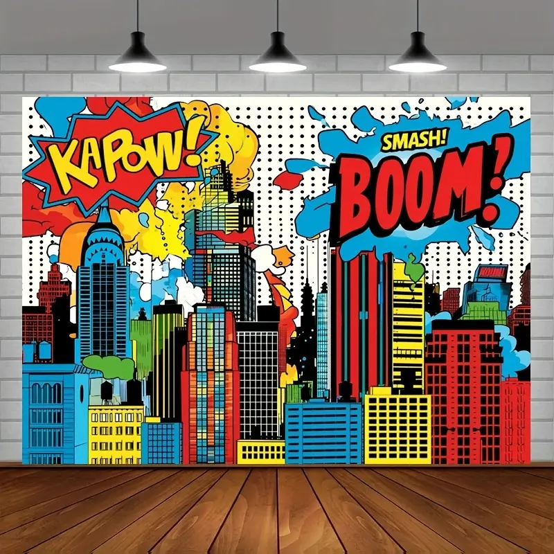 Playful Print Cartoon City Skyline Polyester Tapestry - Lightweight, Foldable, Multi-Size Home Decor Backdrop for Birthday Parties, Photo Booths, Celebration Events, Cityscape