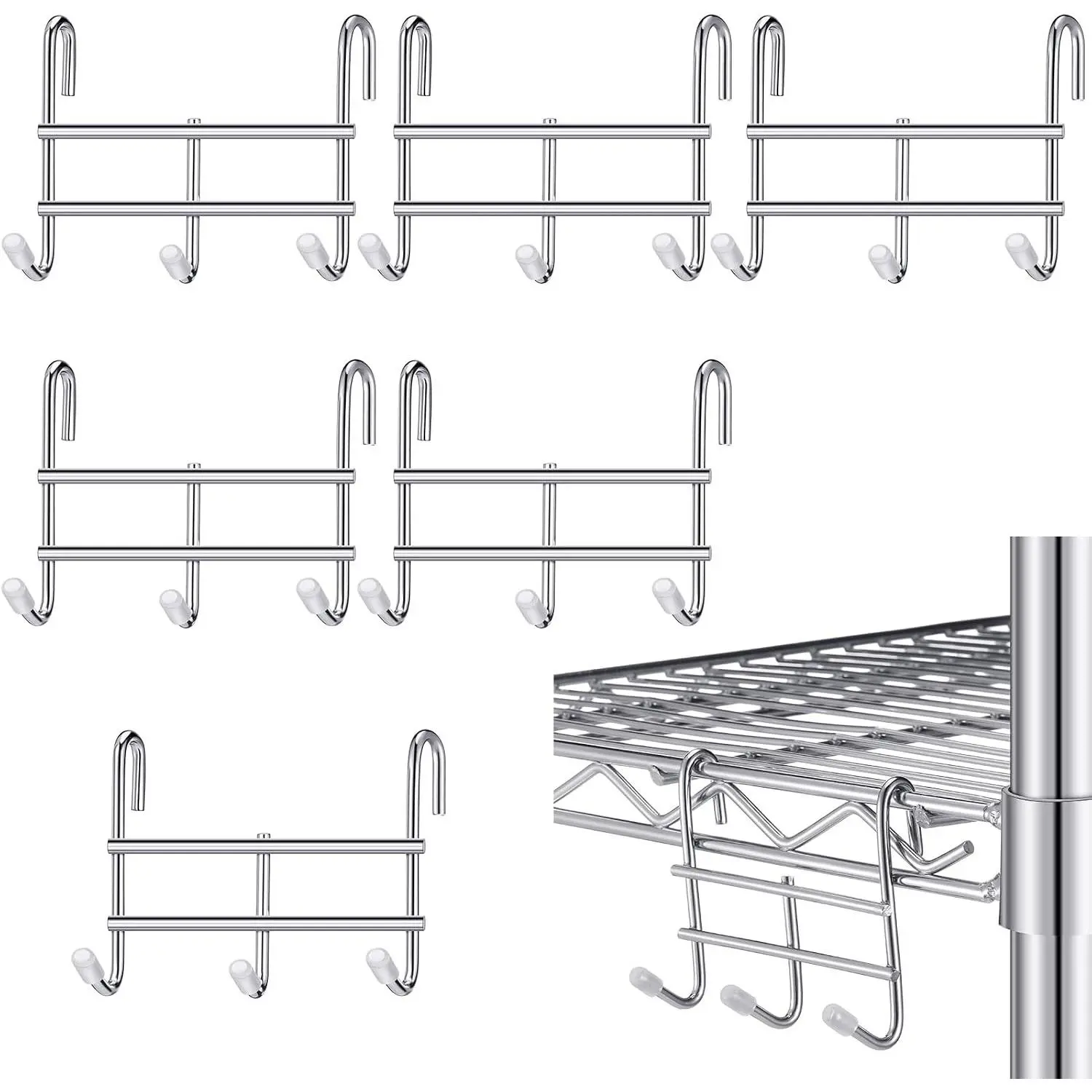 6 Pack 3 Hook Attachment for Wire Shelving, Chrome