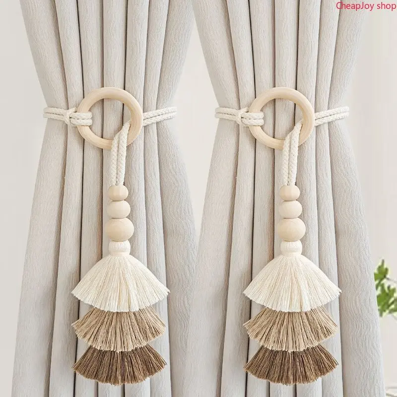 2Pcs Minimal Luxury Tassel Woven Curtain Tiebacks, sturdy braided rope curtain holdback rings, elegant home drape decor for living room curtains, bedroom window arrangement and farmhouse interior styling decoration