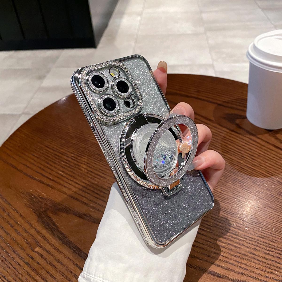 OREKROY Glitter Kickstand Case for iPhone 16 15 Pro Max 16 Plus 15/14/13/12, Luxury Bling Sparkly Diamond Rhinestones with Camera Protector Liquid Flowing Ring Stand TPU Bumper Women Girls Case Gift