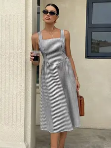 2026 Women's Striped Square Neck Midi Dress, Sleeveless A-Line Shape, Waist Definition, Office Wear, Summer Days, Casual Looks