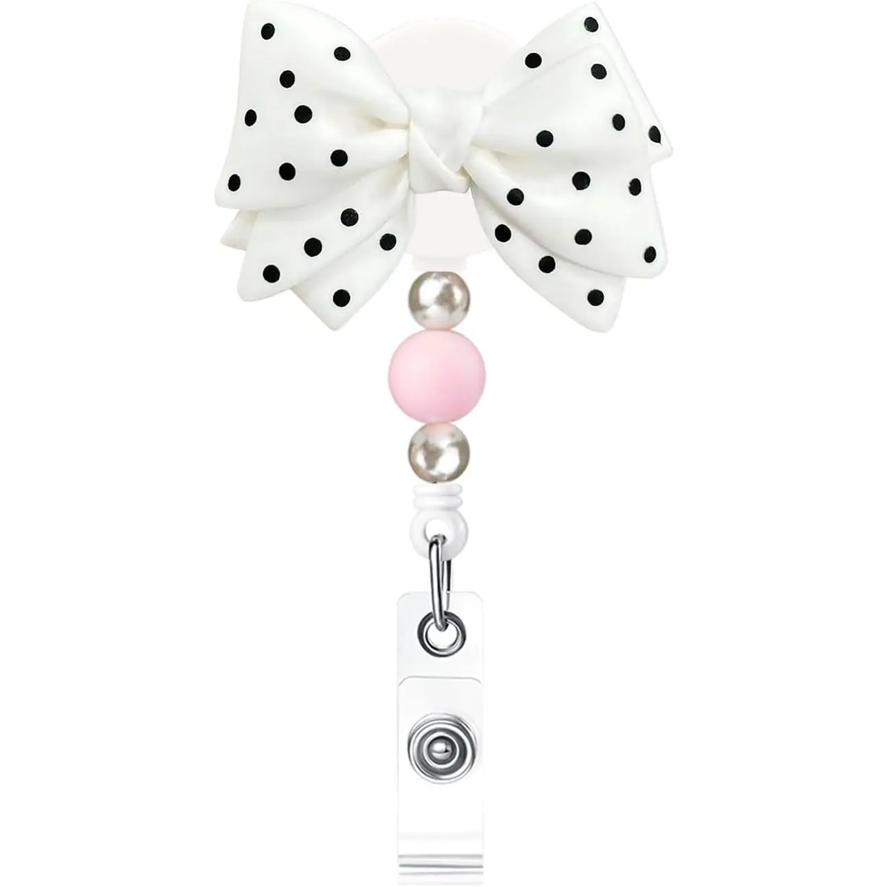 Cute Bow Badge Reels Retractable, Beaded ID Badge Holder for Women, Belt Clip Badge for ID Name Cards (White)