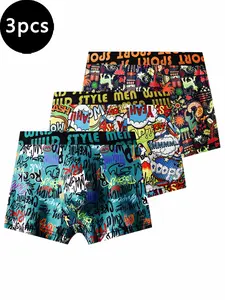 Men's Graffiti Print Boxer Briefs, 3 Fun Prints, Breathable Soft Fabric, Trendy Underwear Set, All Seasons, Fitted Style