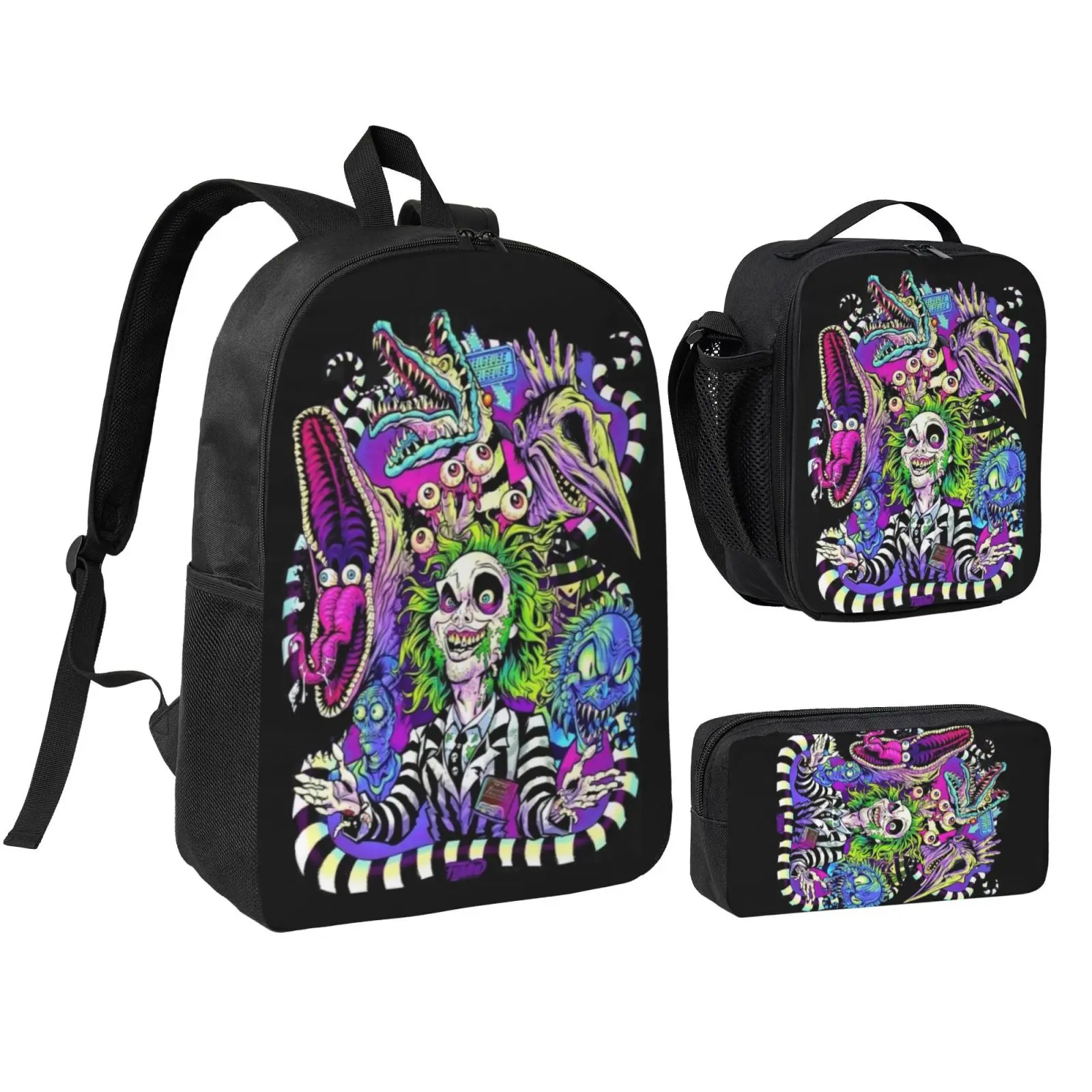 Anime Beetlejuice4 backpack with lunch bag pencil box for Teen Girls Boys, 3pcs kids school bag with adjustable straps, office travel bag Bookbag lunchbox