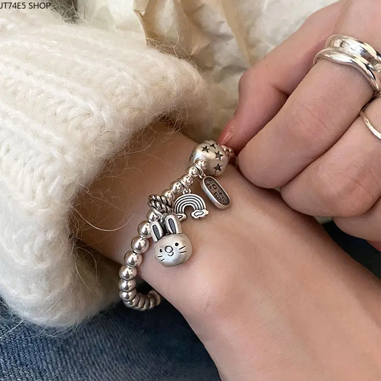 Women's Light Luxury Niche Beaded Bracelet with Rabbit-Bamboo Love Beaded Charms, National Flair, Retro High-End Design, Adjustable Size, Ideal for Daily Outings, Female Wear Fashion Accessory Wholesale, Rabbit Motif, Skin-Friendly