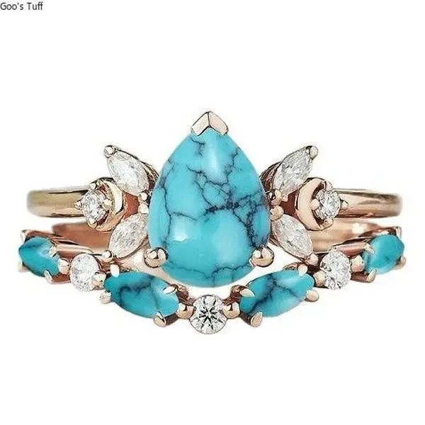 Women's Boho Stackable Ring Set with Teardrop Turquoise & Zircon Inlay, Rose Gold Bohemian Costume Jewelry for Wedding Gifts, Stackableset, Weddinggifts, Zirconinlay