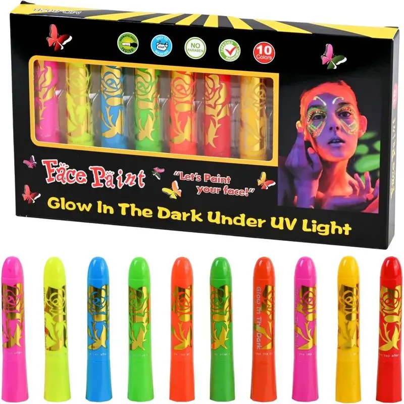 10 Colors Neon UV Face Paint, Glow in the Dark Paint, Body Paint, Water Based Crayons Fluorescent for Glow Party, Festival, Discos, Halloween