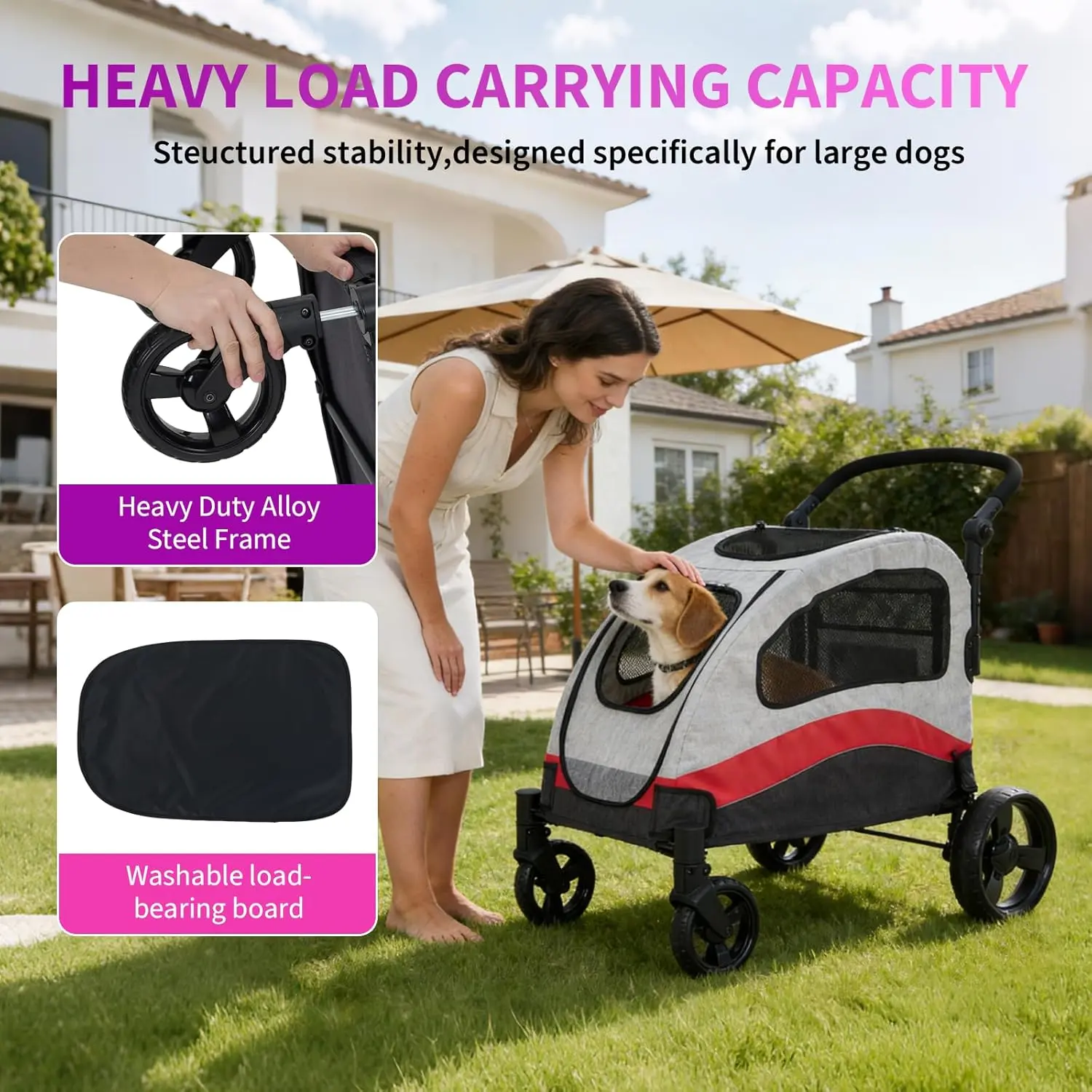 Foldable Pet Stroller for Medium and Large Dogs, Heavy-Duty 4-Wheel Dog Wagon with Adjustable Handle, 5-Sided Breathable Mesh, Dual Zipper Entry, Storage Pocket and Washable Support Board for Travel and Camping, Gray and Red