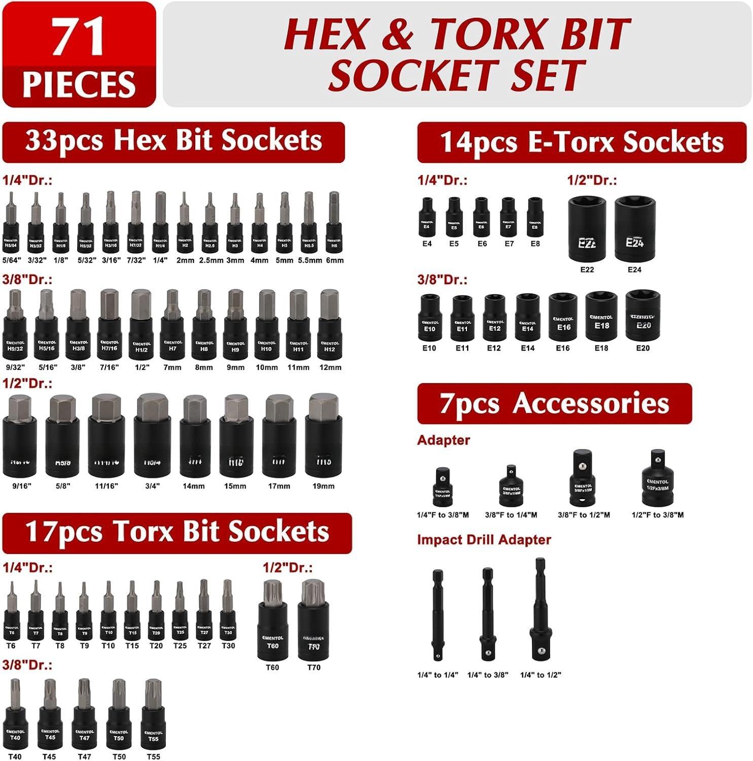 71- Torx Bit & Hex Bit Socket Set, Master SAE/Metric, 1/4", 3/8" and 1/2" Drive, S2 and CrV Steel, Includes E4-E24, Socket/Drill Adapter