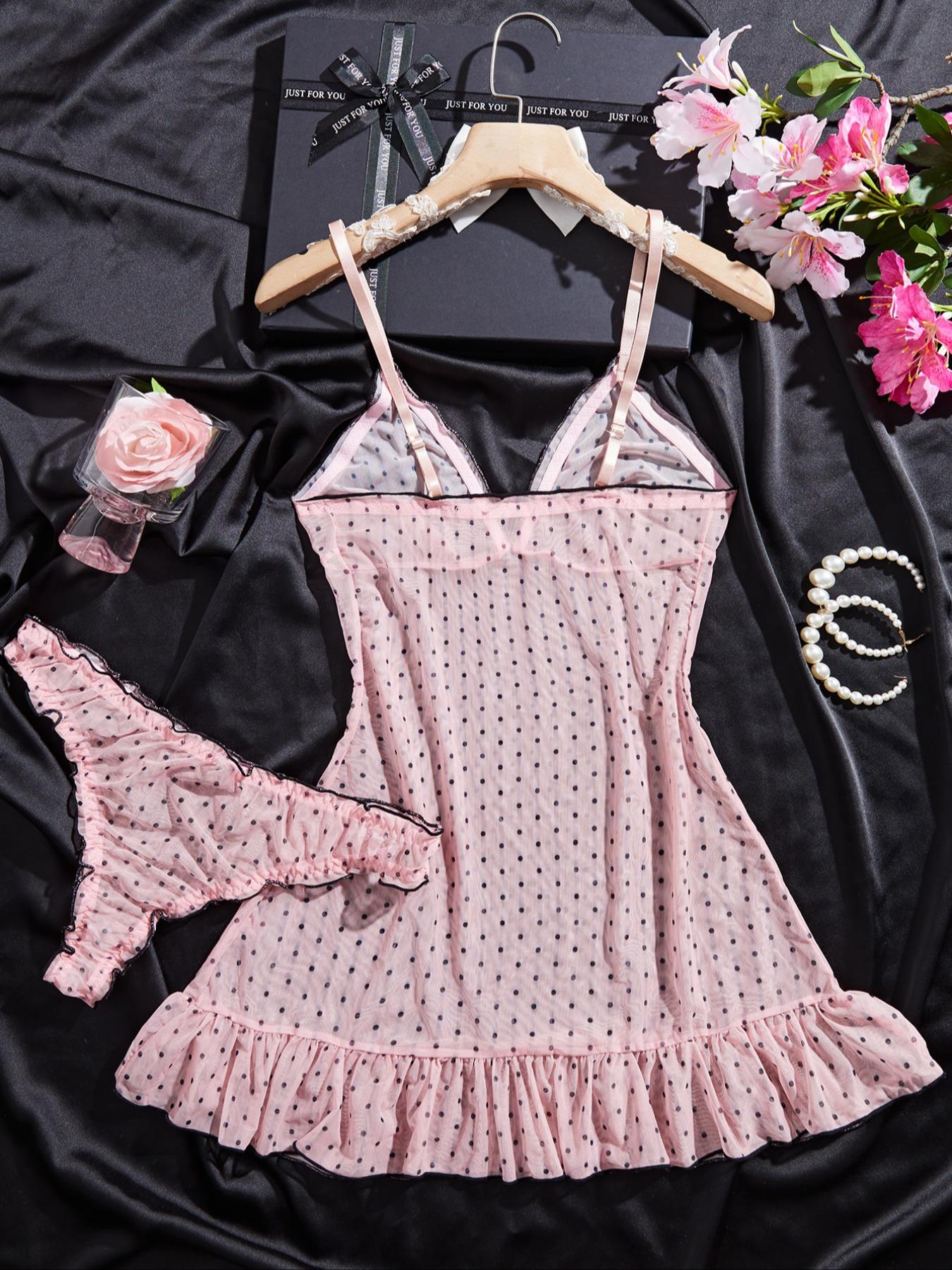 Women's Polka Dot Sheer Mesh Sleepwear Set, Elegant Ruffle Hem Nightgown with Bow Front Decor, Comfortable All-Season Pajamas