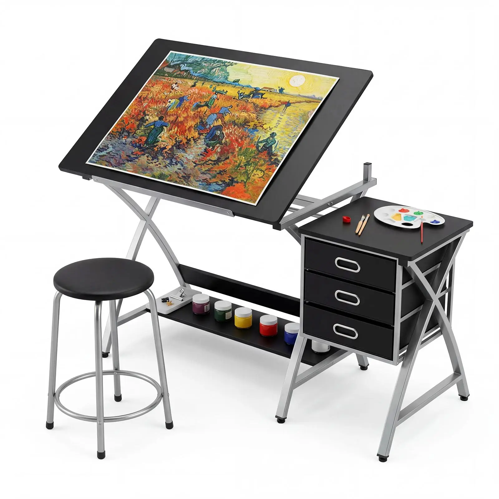 Adjustable Tilt Art Desk Drafting Table with 3 Storage Drawers Modern Wood Computer Workstation for Artists Painting Sketching Craft Table Studio School Desk with Fixed Side Table Laptop Shelf