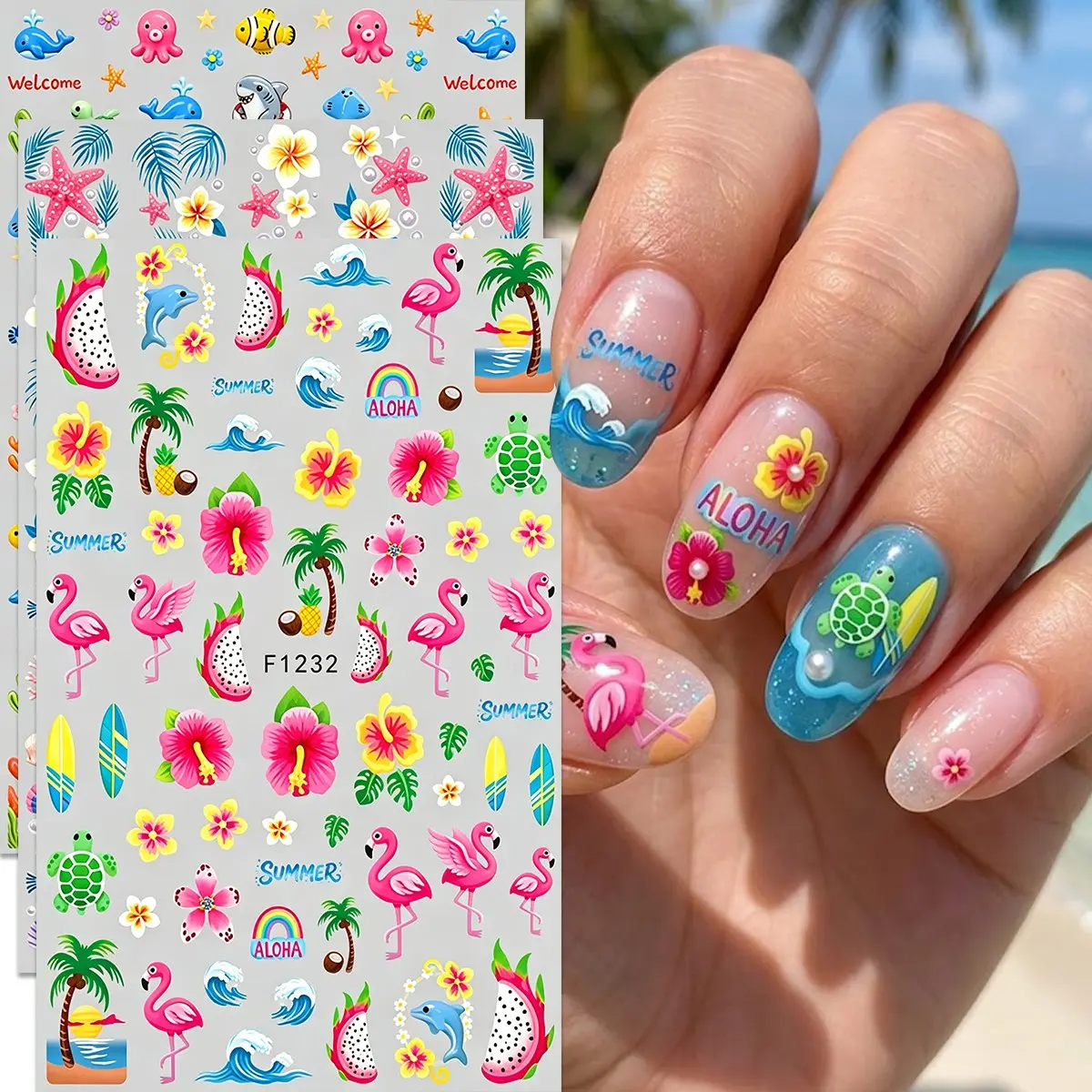 3 Tropical Flamingo Beach Nail Art Stickers, Nail Art Supplies, Colorful Summer 3D Adhesive, Hawaiian Floral Turtle Cartoon, Pool Party Island Vacation Decorations