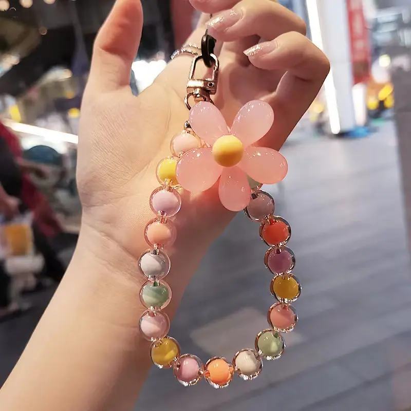 Cute Transparent Flower Beaded Phone Strap Keychain, Macaron Pastel Color Bead Wrist Lanyard, Two Matching Styles Solid & Mixed Color Floral Charm Bracelet Strap for Phone Bag Keys Decor