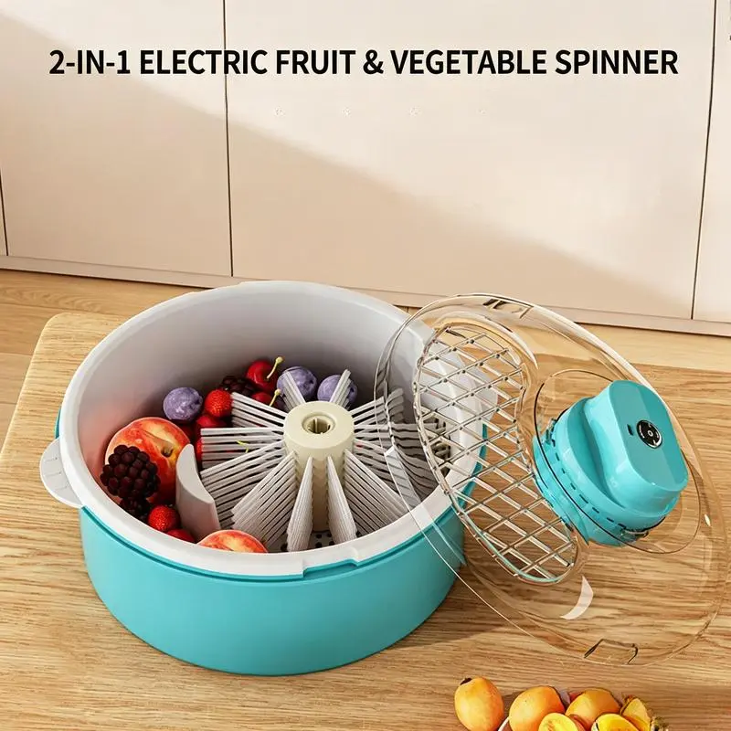 Electric Fruit & Vegetable Spinner - 2-in-1 Multifunctional Automatic Salad Dryer with 12 Matrix Soft Brushes, 1-Touch Centrifugal Colander Drain Basket, Detachable Lightweight Kitchen Washing & Dehydrating Tool for Salad Greens, Berries