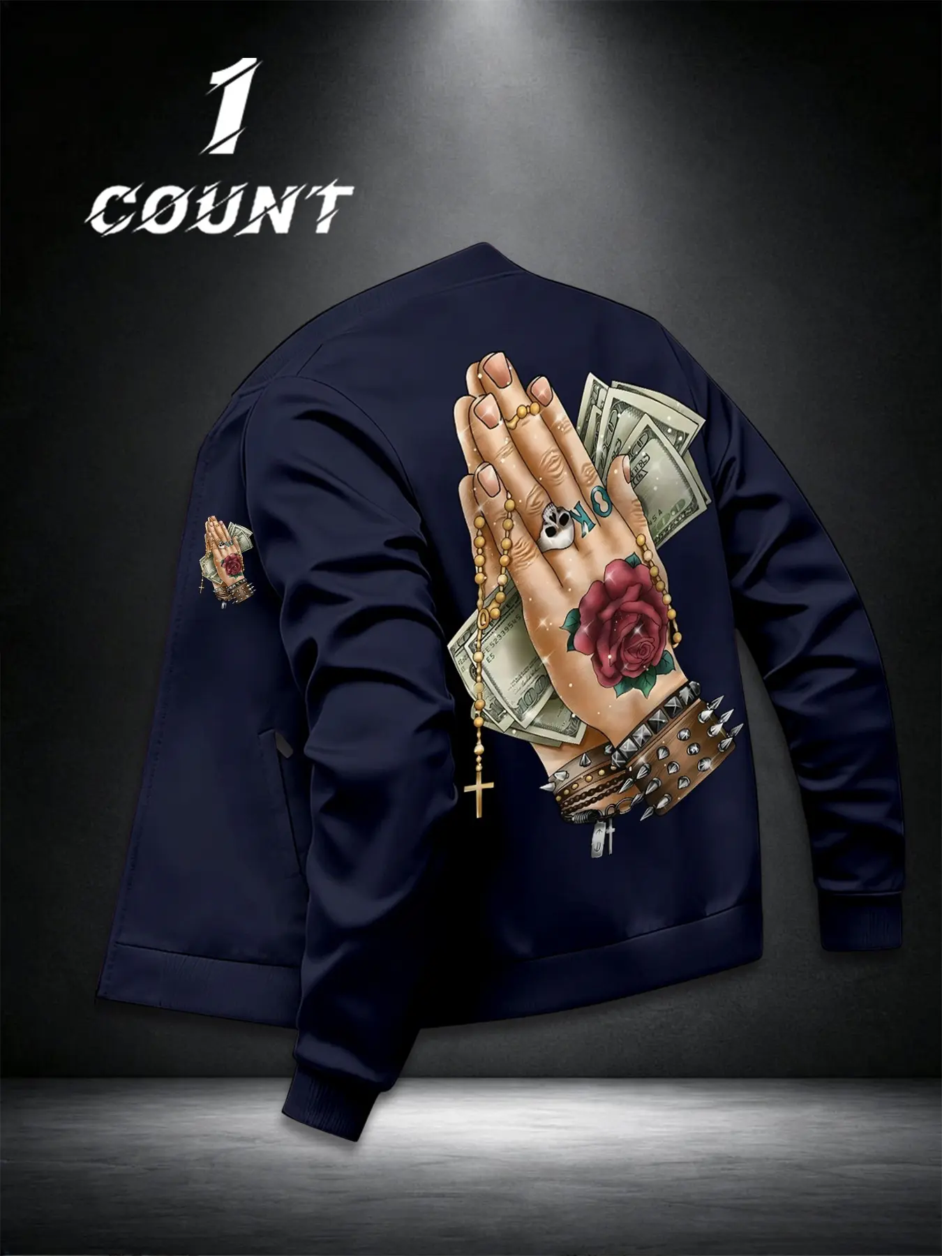 Men's Rose Tattoo Palm Billfold Rivet Bracelet Print Long Sleeve Stand Collar Zipper Baseball Jacket, American West Coast Hip Hop Street Style, Smooth Elastic Casual Outerwear