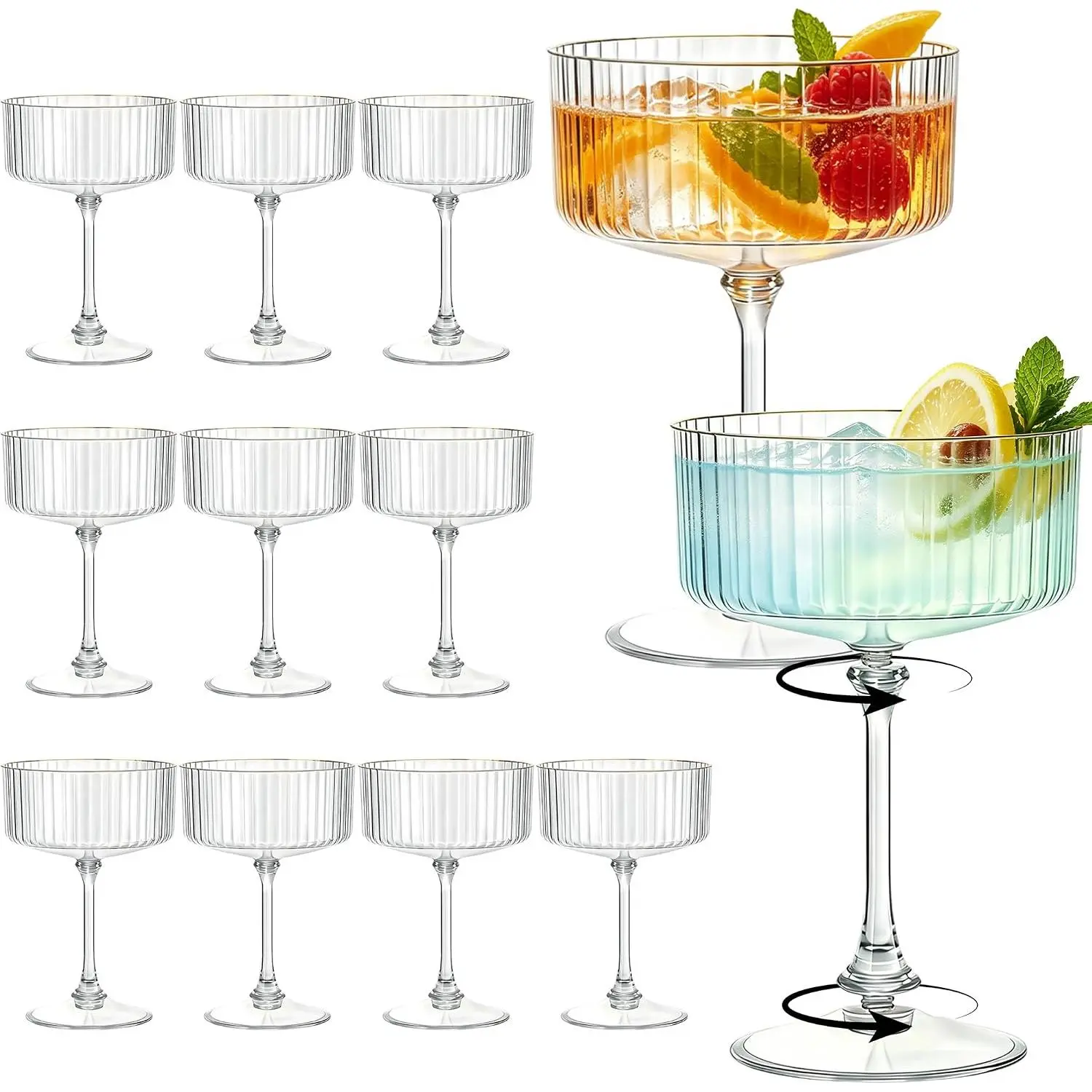12 count Plastic Martini Glasses Clear Disposable Coupe Glasses | 10oz, Ribbed &  Rim, , Unbreakable  Cups with Removable Stem,  Champagne Coupe for Party Wedding