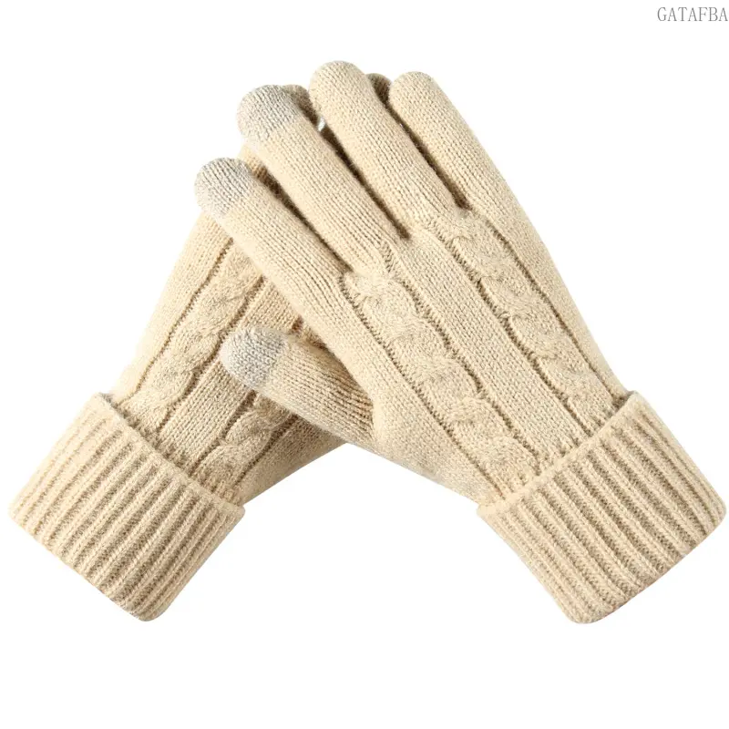 Women's Solid Color Knit Touchscreen Gloves, Warm Cold‑Resistant Knitted Gloves for Adult Outdoor Use in Autumn and Winter