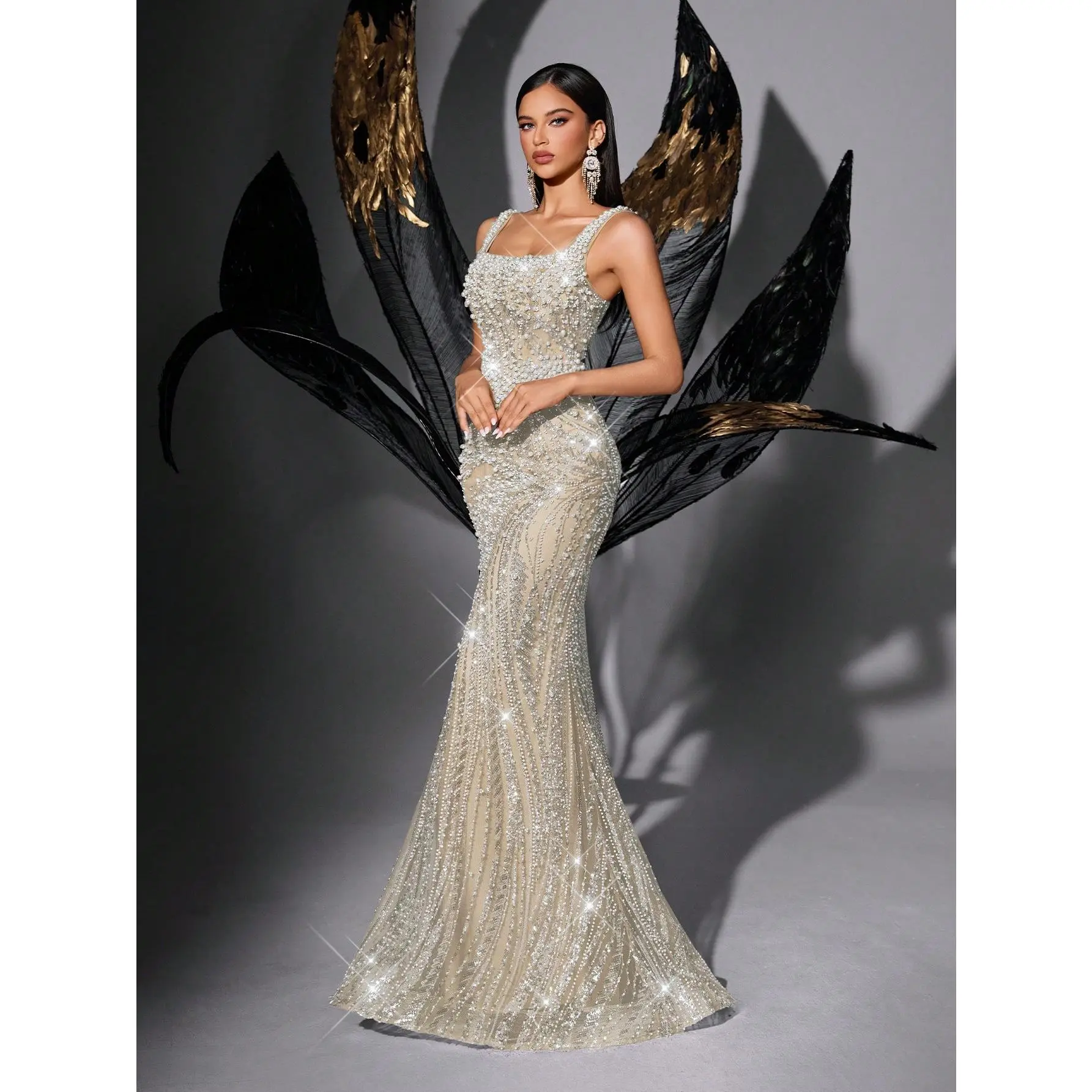 Beige Square Neck Backless Mermaid Evening Gown Full Beaded Rhinestone Sleeveless Bodycon Formal Dress Elegant Floor Length Prom Gala Wedding Party Gown Adjustable Waist Tightness Womenswear Style Elegance