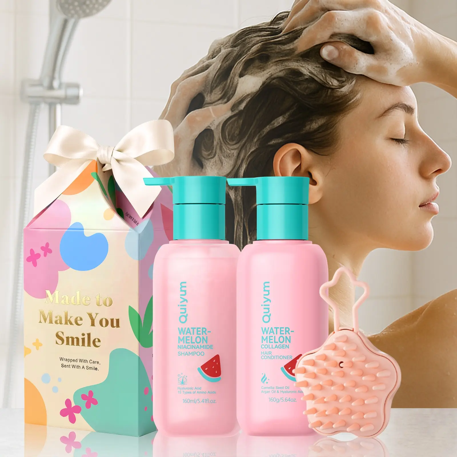 Quiyum Niacinamide Shampoo & Conditioner Set, All Hair Types, Color & Treated, Fine to Dry Damaged, Smooth Collection, Color-Safe, 3-Pack, Beauty Gift Sets For Women Wife Mom Teen Girls, Hair Rescue Kit
