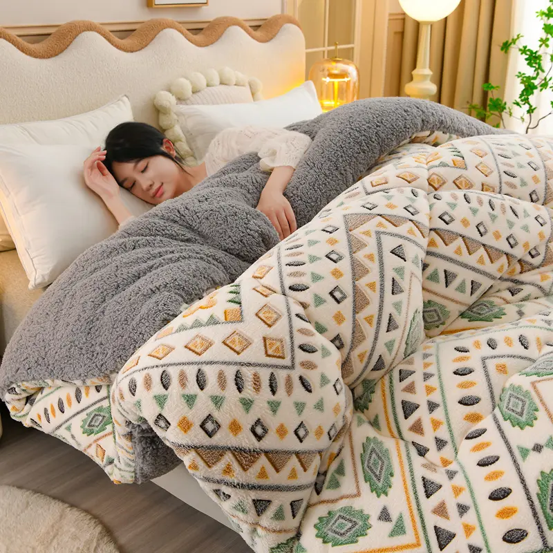 Boho Style Snow Fleece Lamb Fleece Blanket, Fleece Cozy Blanket, Dual-Sided Design, Thick Winter Warmth, Soft Skin-Friendly, Durable Stitching