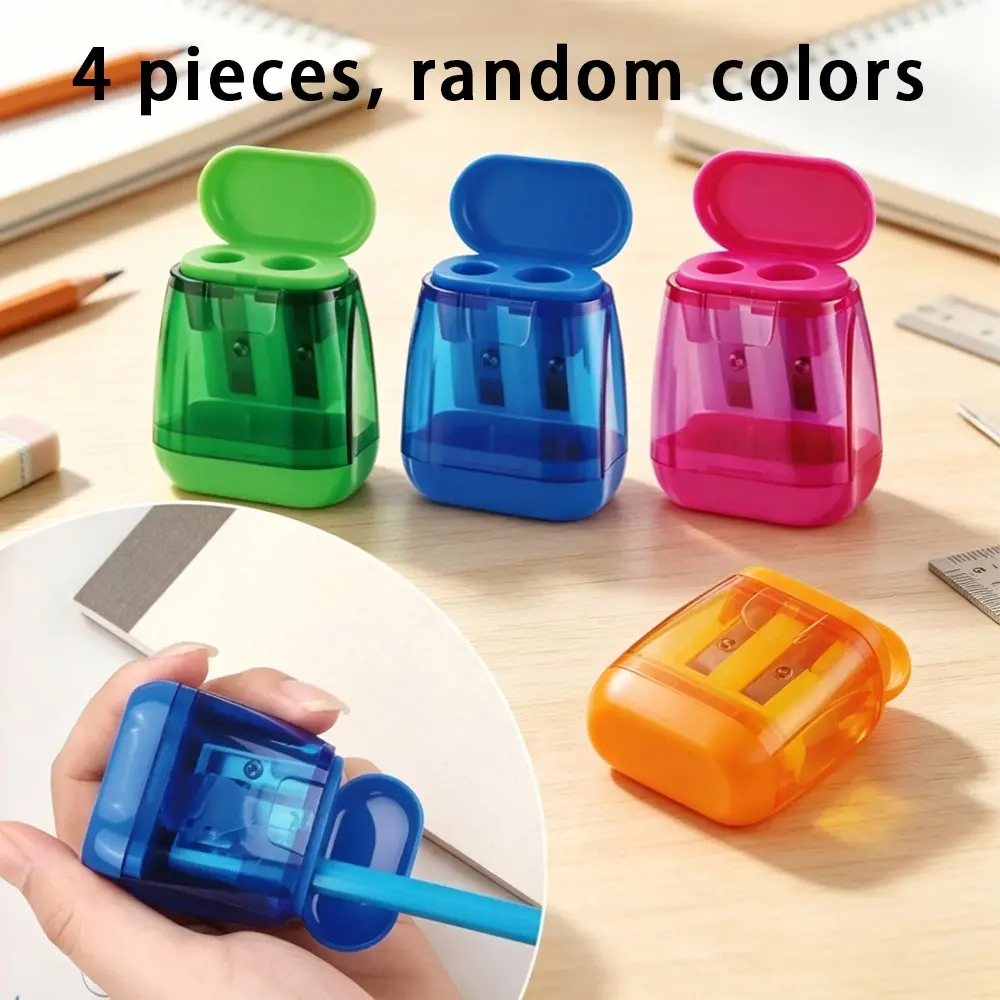 4-Piece Dual-Blade Pencil Sharpener Set with Storage Box, Random Colors, Manual Pencil Sharpener, Portable, Compatible with Standard & Large Pencils, Office Stationery Supplies