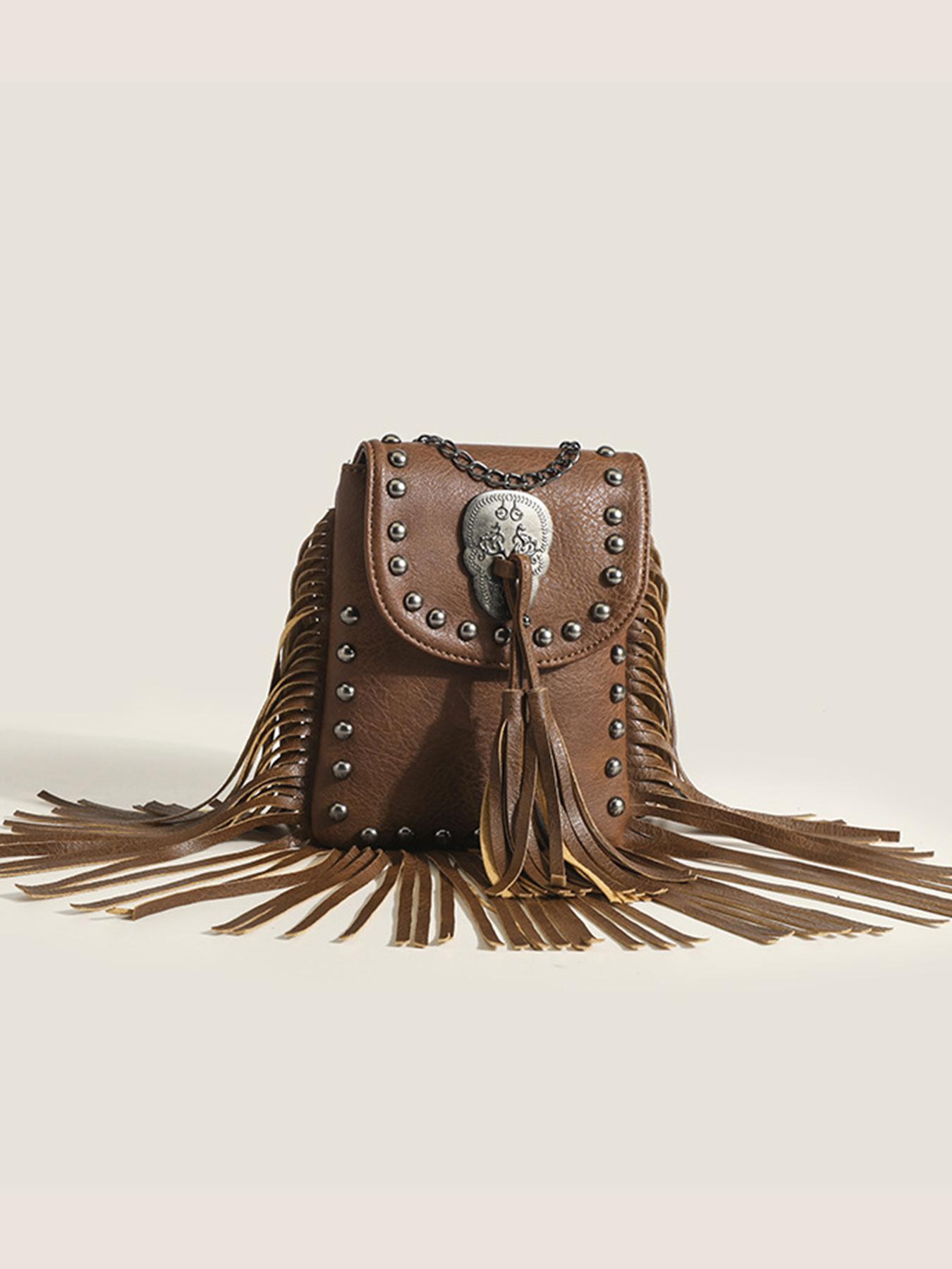 Women's Punk Style Rivet & Tassel Decor Crossbody Bag, Trendy Vintage Crossbody Bag, Chic Crossbody Bag for Daily Use, Crossbody Shoulder Purses