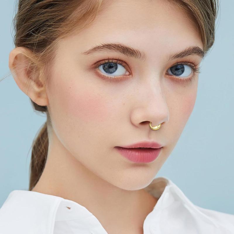 2 count Nose Rings Hoops for Women-G23 Solid Titanium and 316L Surgical Steel Segment Septum Nose Rings sets,Helix Piercing Jewelry16G 8mm 10mm Teardrop Moon  Cartilage Clicker Hoop Earrings for Rook,Daith,Tragus,