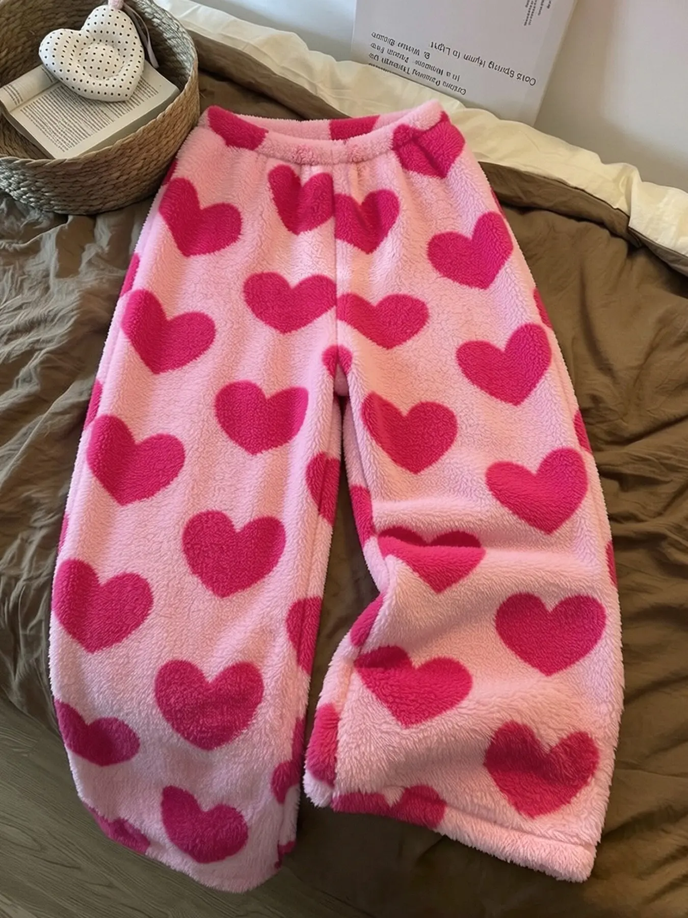 Women's Pink Heart Plush Loungewear Pants, Sweet And Cute Style For Home Leisure And Daily Casual Outfits