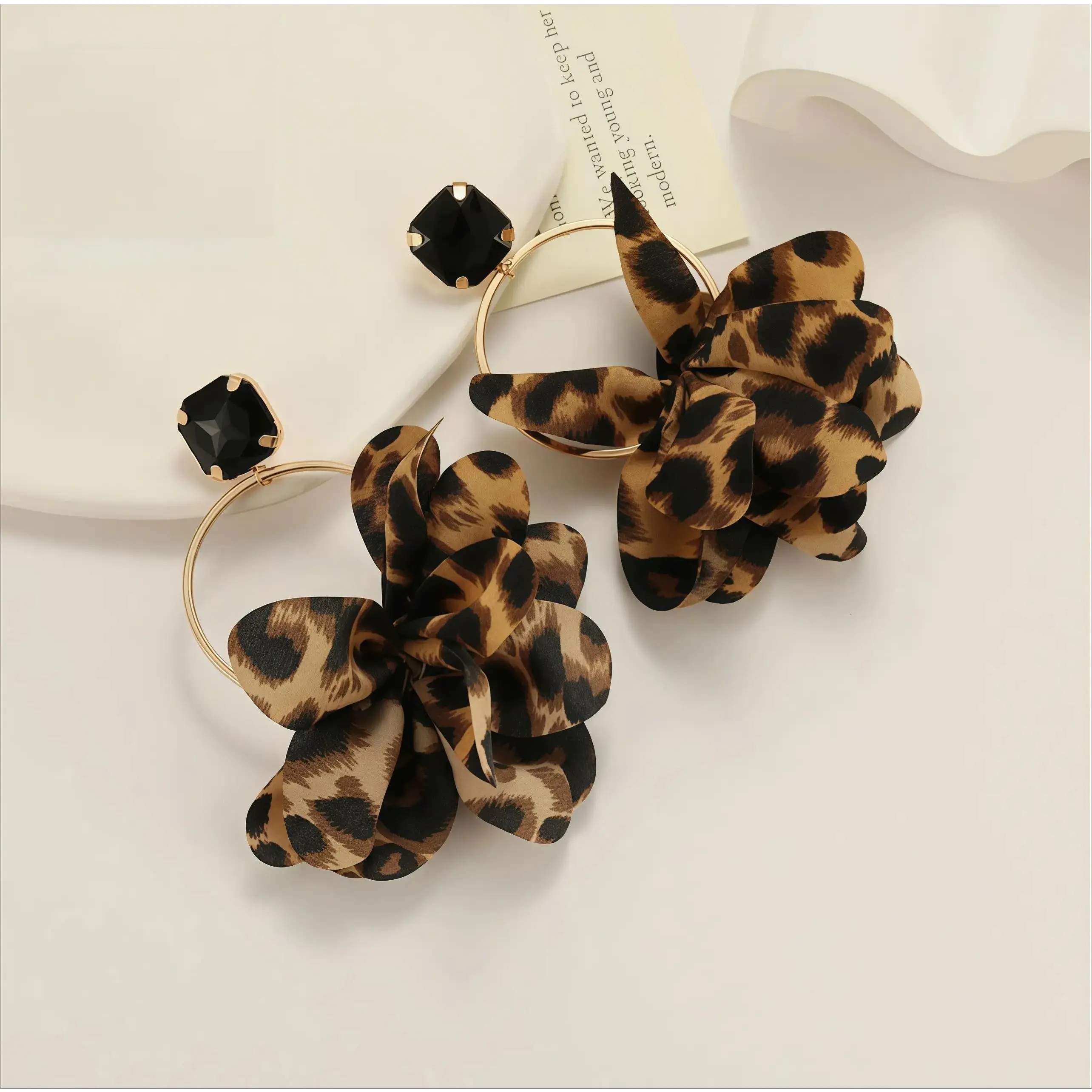 Women's Gold-Tone Dangling Hoop Earrings, Synthetic Leopard Print Fabric Flower Decor, Black Crystal Studs Inlay, Smooth Polished Metal, Light Compact Elegant Minimalist Accessory for Daily-Dating Use (Sports & Outdoor Clothing Sets Complement), Animal Pr