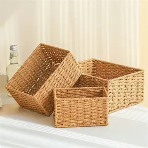 Bohemian-style woven rattan basket set of three, multi-size multifunctional storage baskets, Organiser, suitable for organizing bedrooms, kitchens, and bathrooms