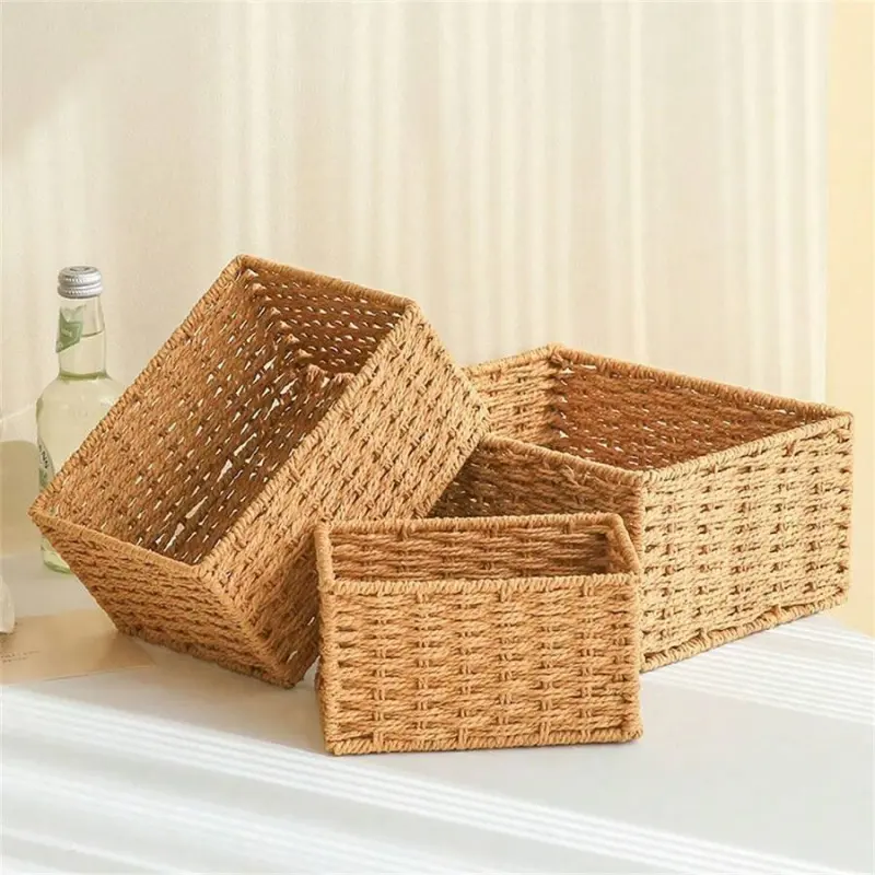 Bohemian-style woven rattan basket set of three, multi-size multifunctional storage baskets, Organiser, suitable for organizing bedrooms, kitchens, and bathrooms