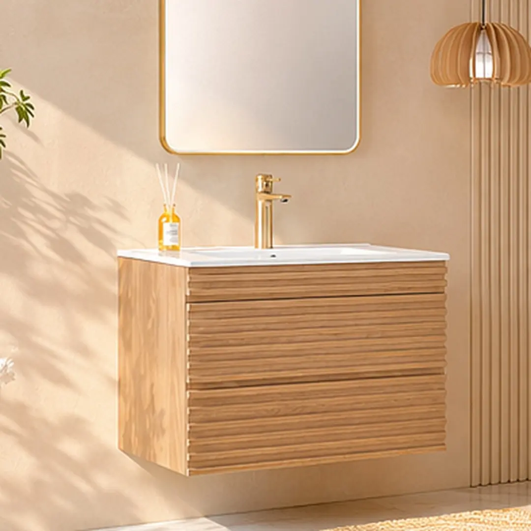 ARCH 30-Inch Wall-Hanging Floating Bathroom Vanity Cabinet - Integrated Ceramic Sink, Natural Walnut Plywood Wood, Single Vanity with 2 Deep Drawers, Fully Assembled, Space-Saving for Small Room Ideas, Drawer Organization & Organization Ideas