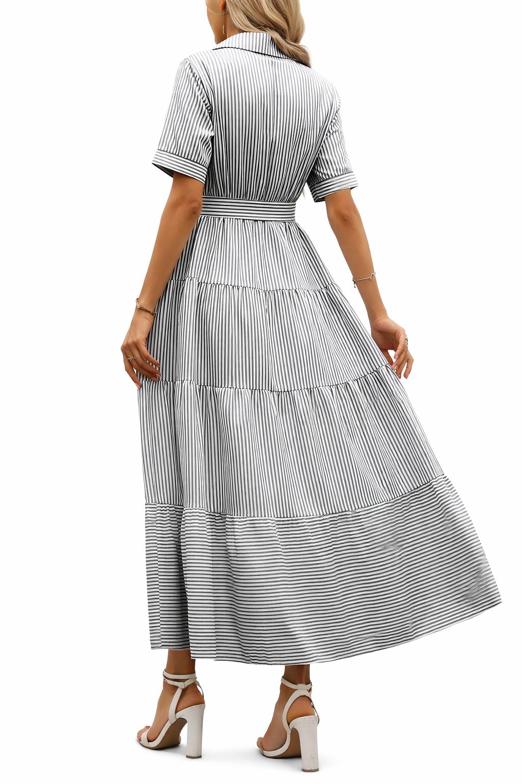 2026 Summer New French-style Dress Collar Striped Color Block Waist Tie Short Sleeve Long Dress Business Casual