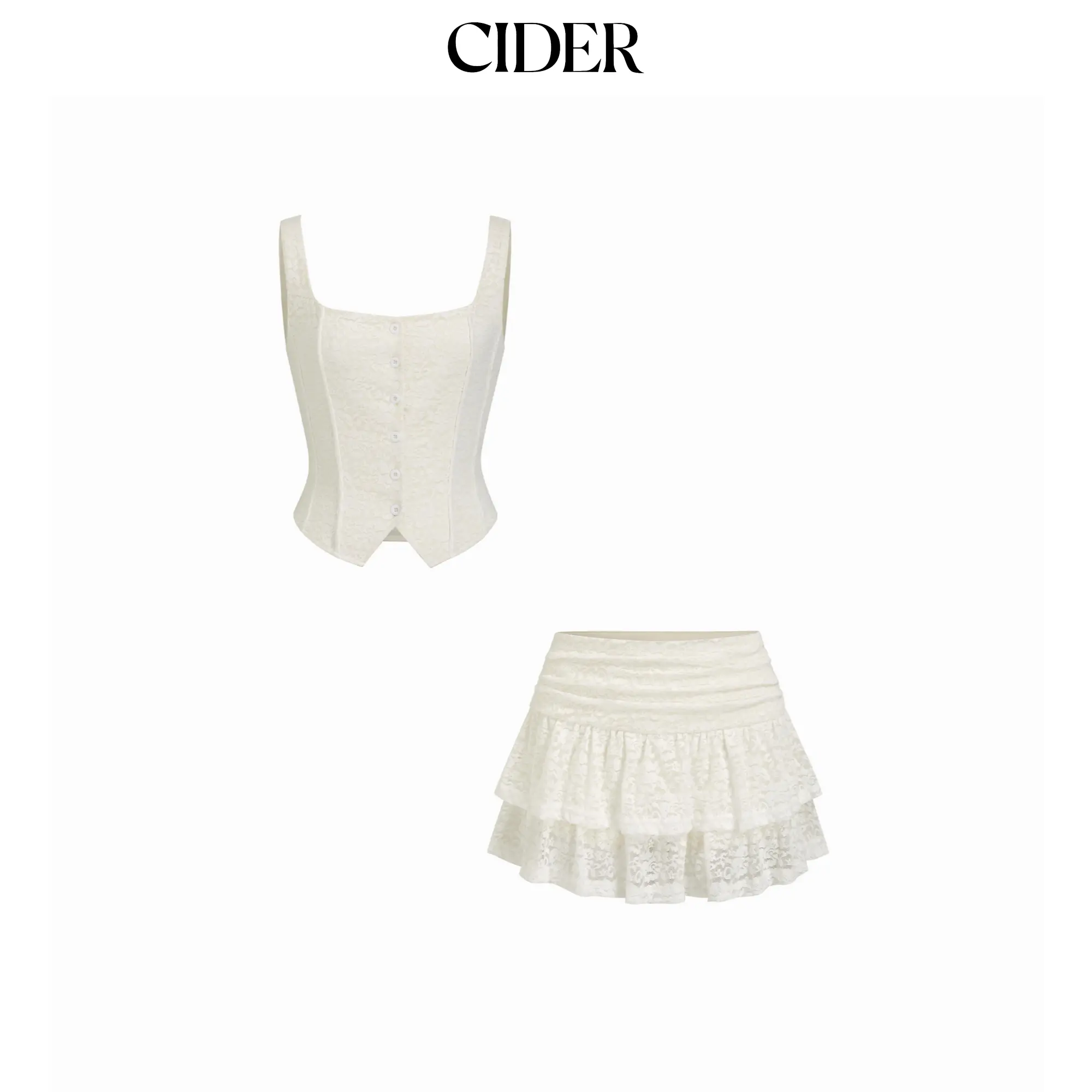 Cider Square Neck Floral Lace Cropped Top & Ruched Ruffled Mini Skirt Set SohoChic