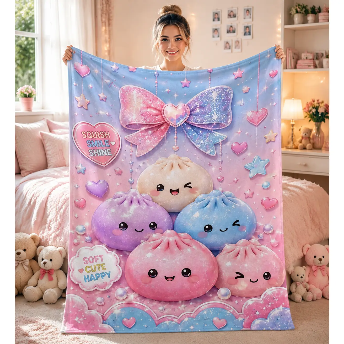 Ultra Soft Kawaii Squish Dumpling Galaxy Bow Flannel Throw Blanket - Anime Theme, Pastel Pink Blue Star Heart Printed Art, All Season Indoor Use for Bed Couch Bedroom Dorm, Trendy Birthday Gift