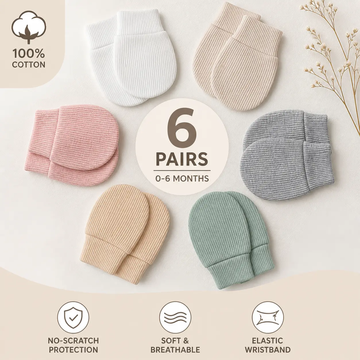 Unisex Cotton Newborn Size Baby Gloves (6 Pairs, 0-6 Months) - Plain, No-Scratch Protection Wrist Gloves with Elastic Band, Unisex Baby, Solid Colors, Multiple Pairs, 6 Pairs: White, Cream, Khaki, Pea Green, Pink, Bro