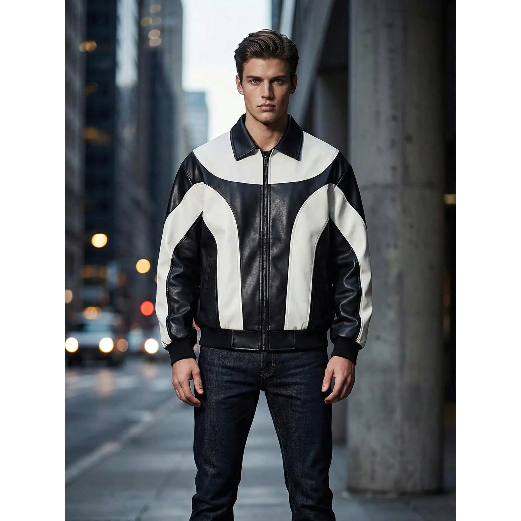Y2k PU Leather Jacket Color Block Motorcycle Coat Zip Up Long Sleeve Outerwear with Pockets Streetwear