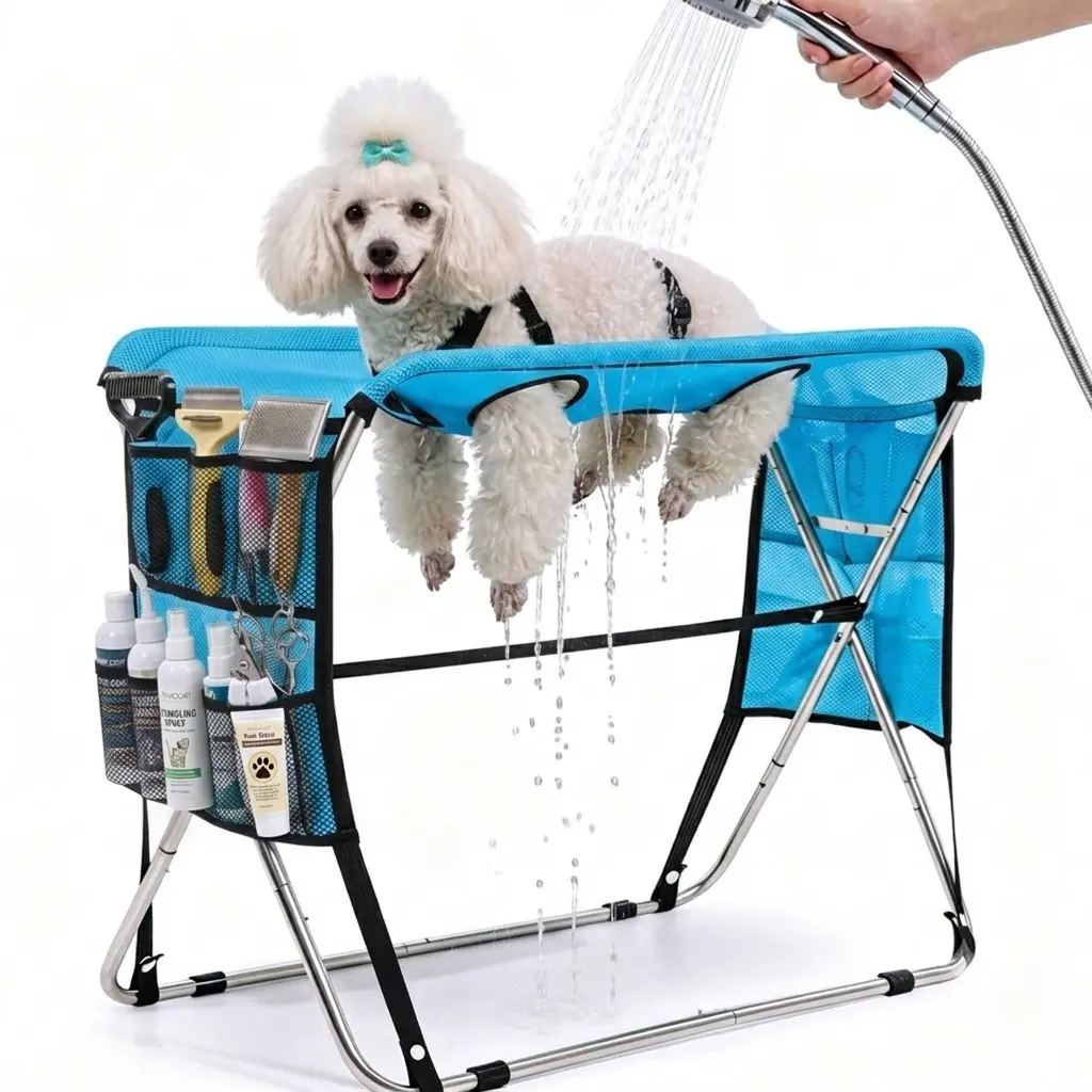 Portable Pet Grooming Hammock with Stand – Foldable, Holds Up to 165 lbs, Joint Protection for Senior Dogs & Cats, No-Stress Restraint for Small & Medium Pets, Machine-Washable Cover for Home & Salon Use