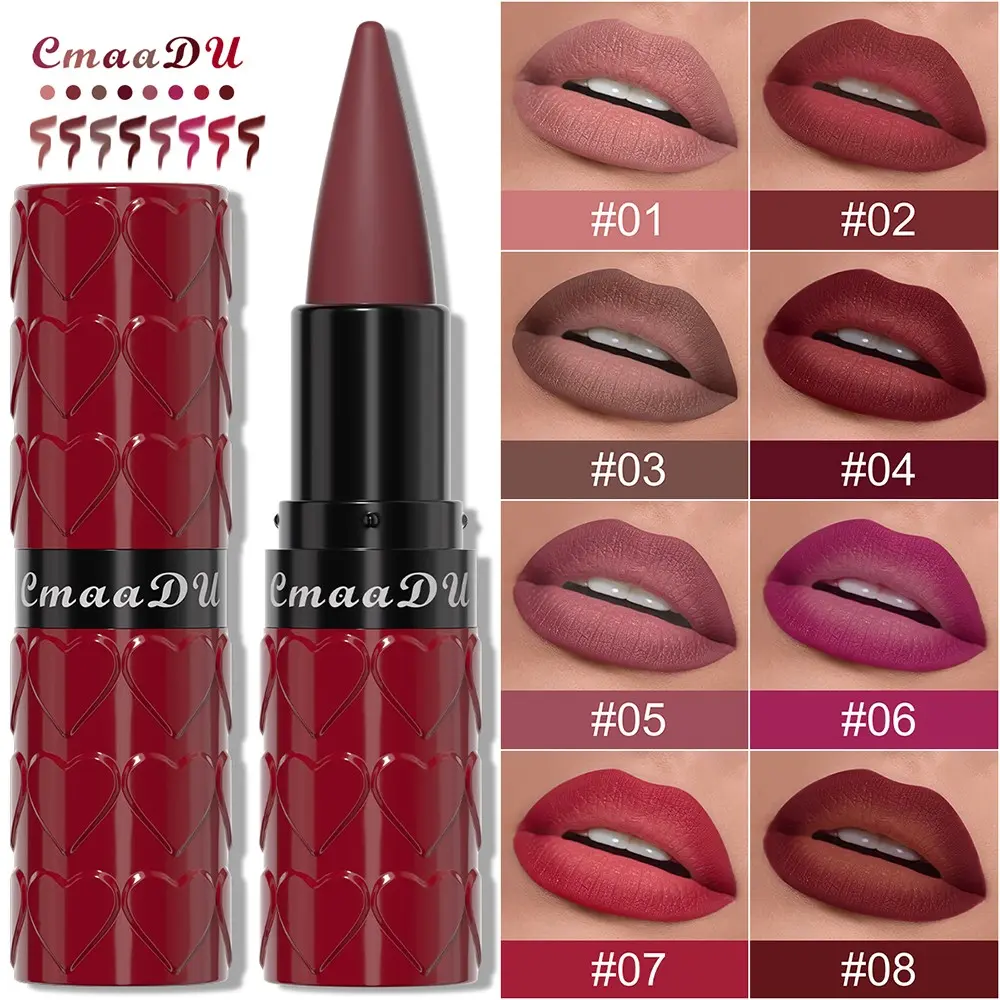 CmaaDU 8 Shades Heart Matte Pigmented Lipstick Set, Makeup, Enriched with Beeswax, Non-Drying Formula, Waterproof & Transfer-Proof, Nude & Red Shades for Diverse Lip Looks