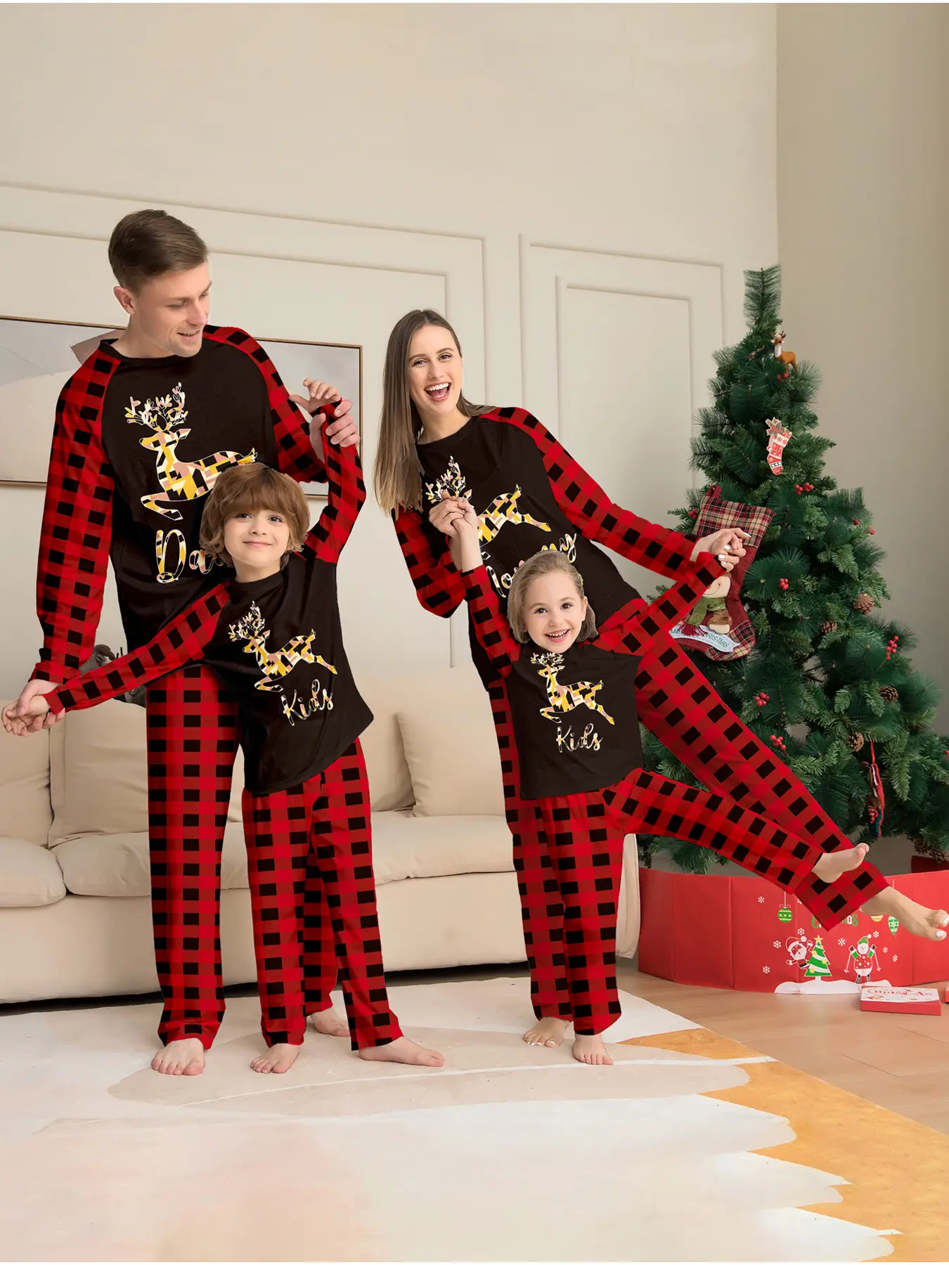 Family Matching Christmas Pajamas Set of 4 with Santa Hat Letter Print, Long Sleeve Top & Jogger Pants Two-piece Loungewear with Red Contrast Cuffs, Made of Soft Skin-friendly Breathable Knit Fabric. Ideal for Christmas Family Photoshoots, Holiday Party O