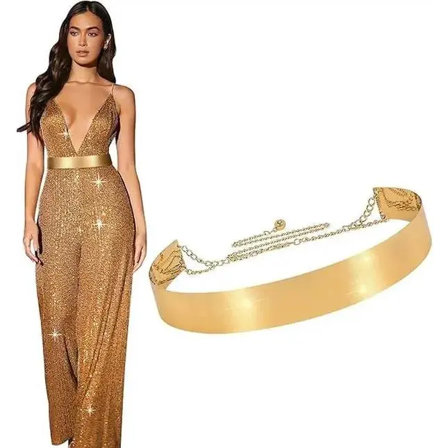 Metal Waist Belt Women Shiny Polished Mirror Chain Belts Metallic Waistband Adjustable Body Link Dress Belts