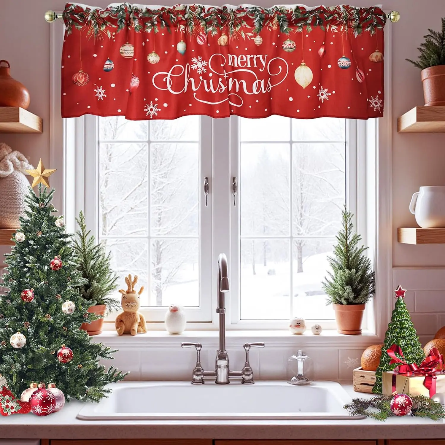 Christmas Valances for Kitchen Windows Xmas Coniferous Short Valance with Rod Pocket Pine Tree Twig Red Christmas Valance for Kitchen Bathroom Bedroom Living Room 54 x 18 inch