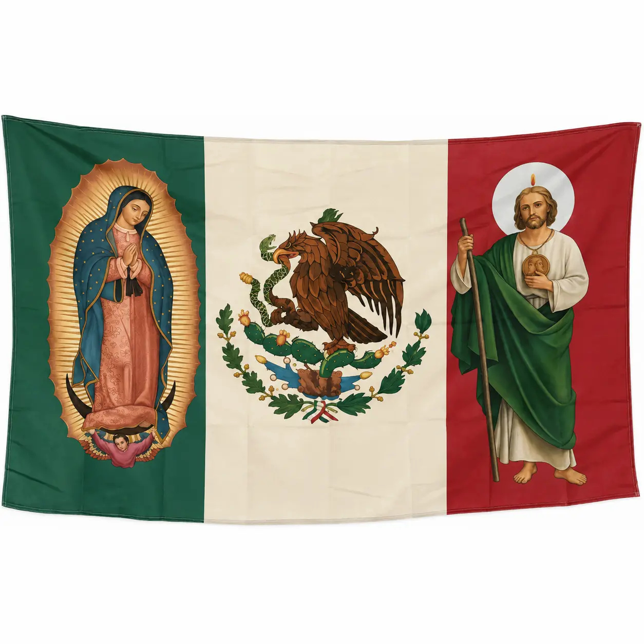 Our Lady of Guadalupe & Saint Jude Mexican Flag Tapestry, 5ft x 3ft (60in x 40in) Peach Skin Fabric Decorative Wall Hanging, Religious Indoors Decor for Bedroom & Prayer Room, Mexican Heritage Gift, Table, Photo
