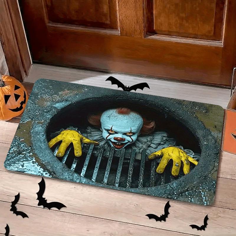 Horror Clown Doormat - 0.4" plush polyester with cracked sewer grate design & red accents. Machine washable, durable for indoor/outdoor use. Perfect for Halloween, Christmas, or gothic decor in bathroom, bedroom, or camping