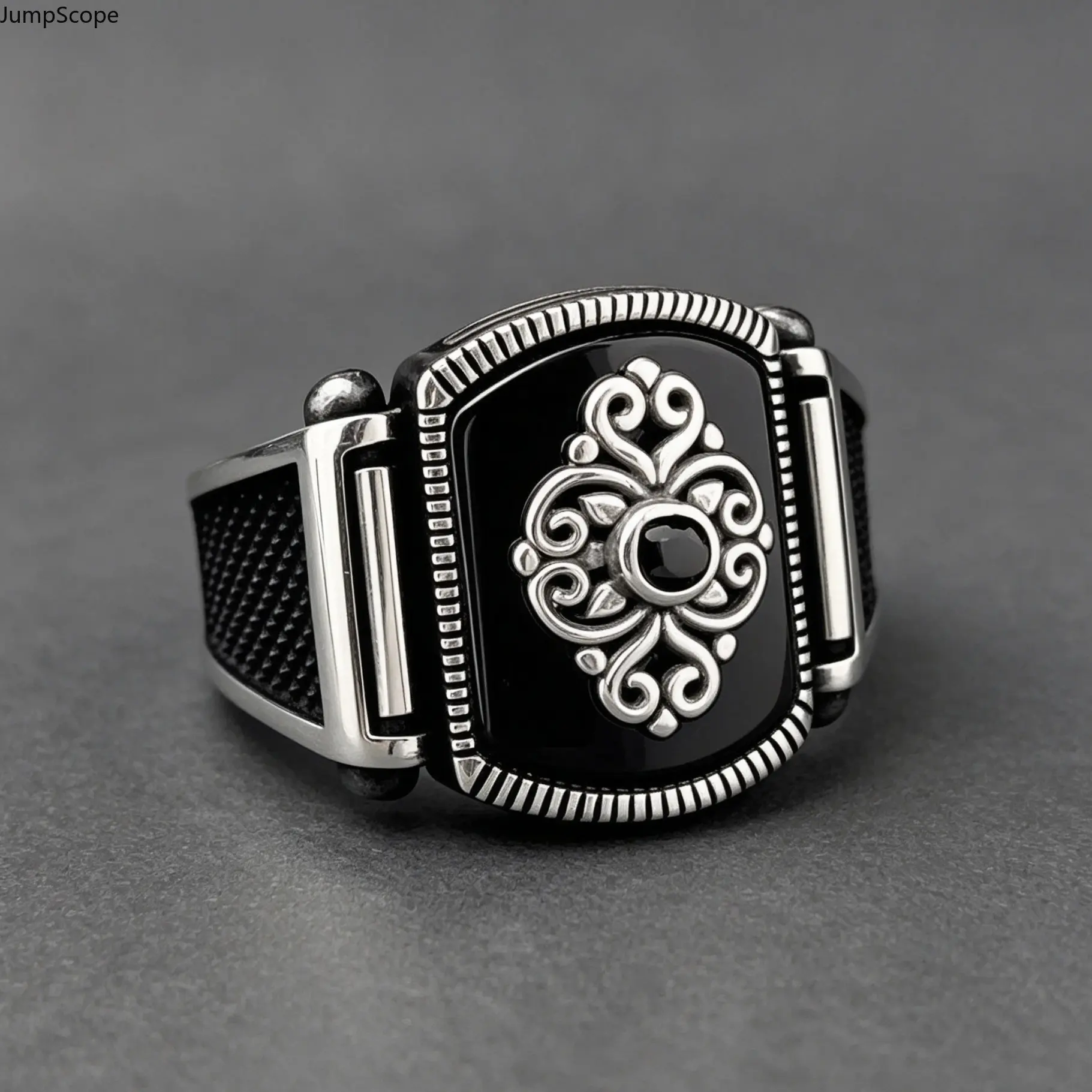 Men's Vintage Square Signet Male Ring - Silver-Plated, Textured Floral Wide Band with Black Onyx, Indoor Recreation Statement Jewelry Birthday Gift Idea